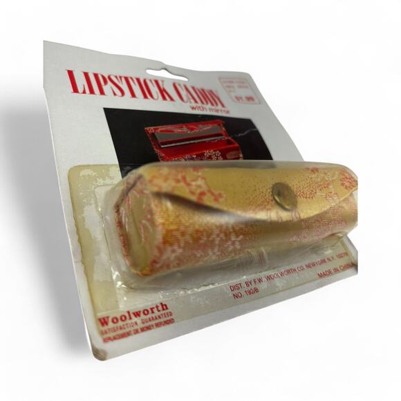 Vintage Woolworth Lipstick Caddy with Mirror Gold & Red Floral – New in Package - Picture 2 of 5